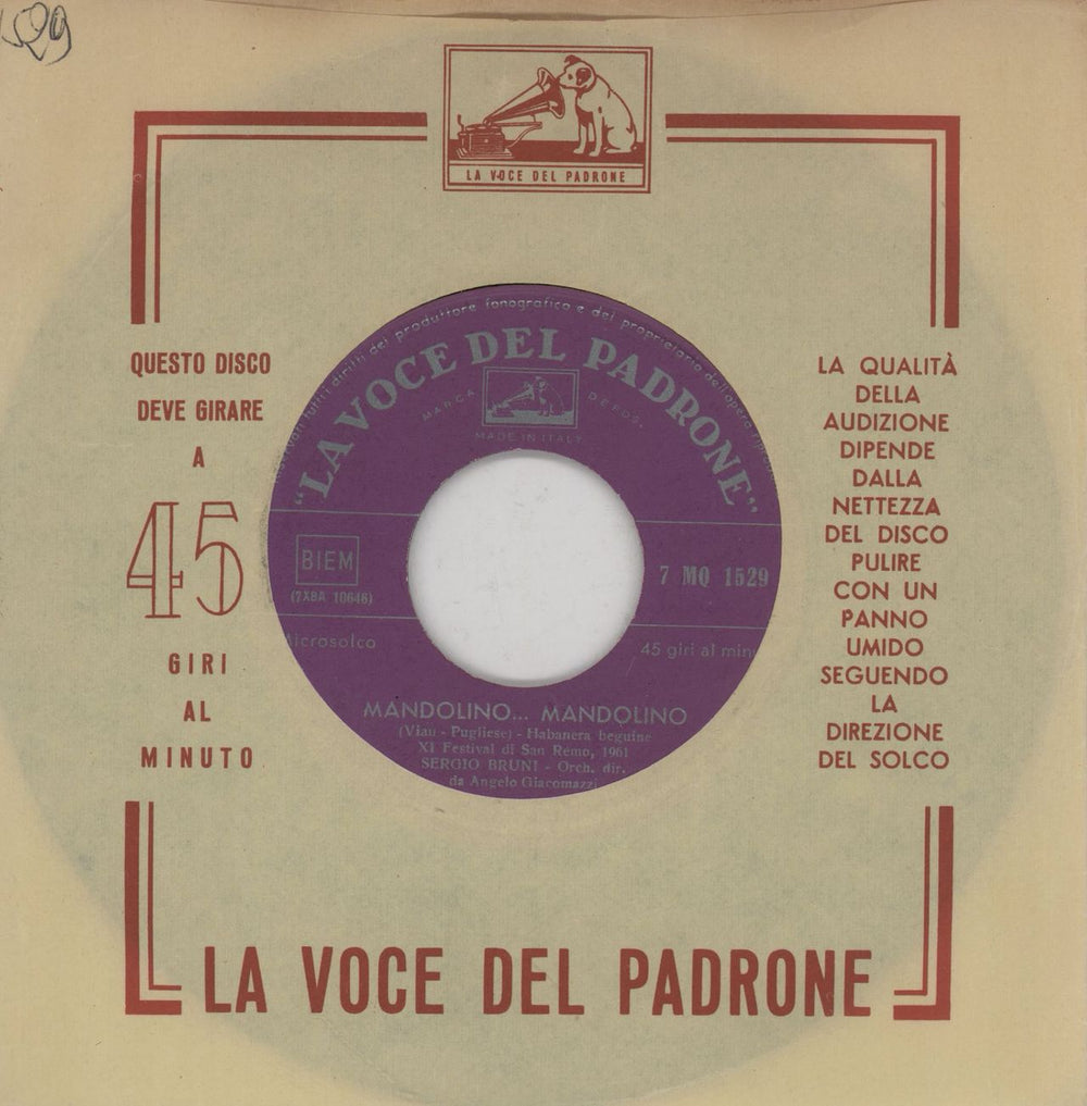 Sergio Bruni Mandolino Mandolino + Company Sleeve Italian 7" vinyl single (7 inch record / 45) 7MQ1529