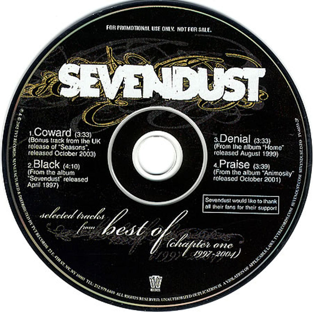 Sevendust Seleted Tracks From 'Best Of Chapter One 1997-2004' US Promo CD single (CD5 / 5") TV-6053-2P