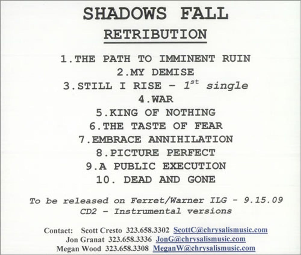 Shadows Fall Retribution US Promo CD-R acetate CDR ACETATE