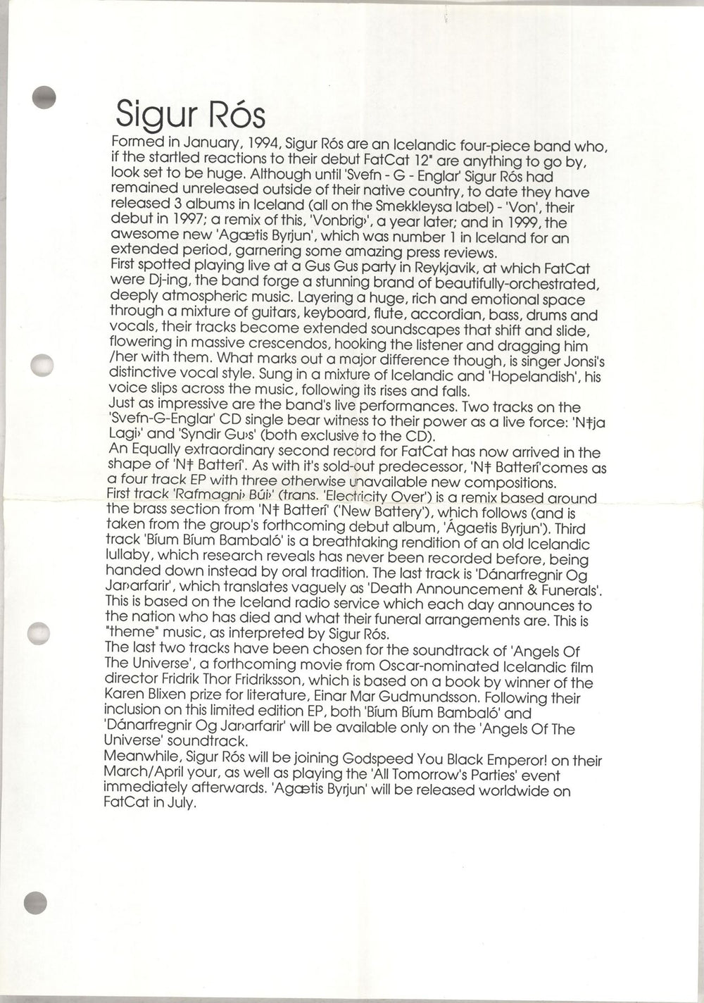 Sigur Ros Svefn-G-Englar - 2nd + Press Release UK CD single (CD5 / 5") 5024545089325