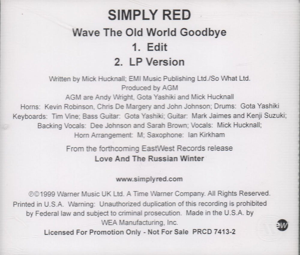 Simply Red Wave The Old World Goodbye US Promo CD single (CD5 / 5") REDC5WA147122