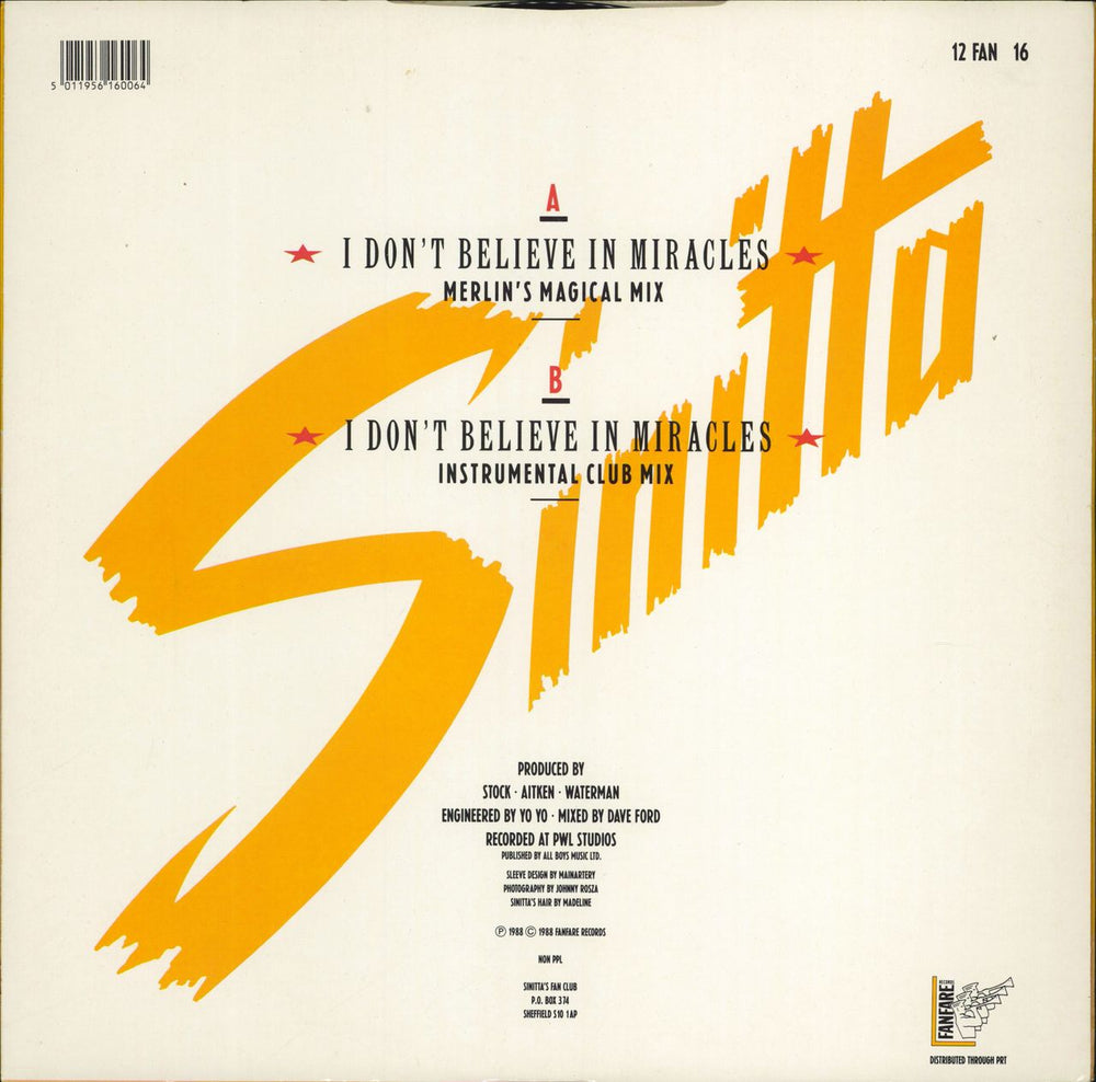 Sinitta I Don't Believe In Miracles UK 12" vinyl single (12 inch record / Maxi-single) 5011956160064