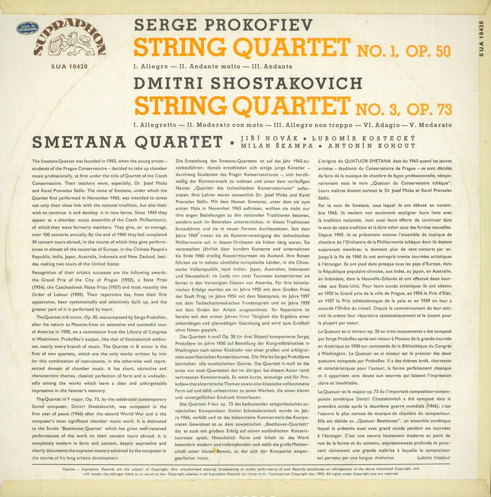 Smetana Quartet Prokofiev: String Quartet No. 1 / Shostakovich: String Quartet No. 3 Czech vinyl LP album (LP record)