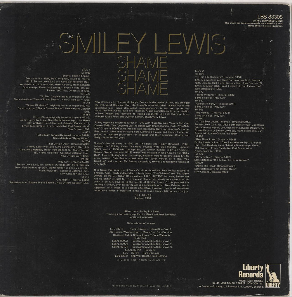 Smiley Lewis Shame Shame Shame - EX UK vinyl LP album (LP record)