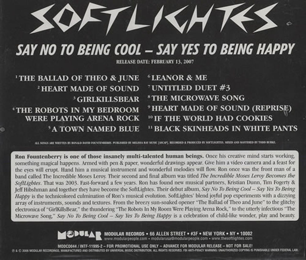 Softlightes Say No To Being Cool - Say Yes To Being Happy US Promo CD album (CDLP) MODCD044