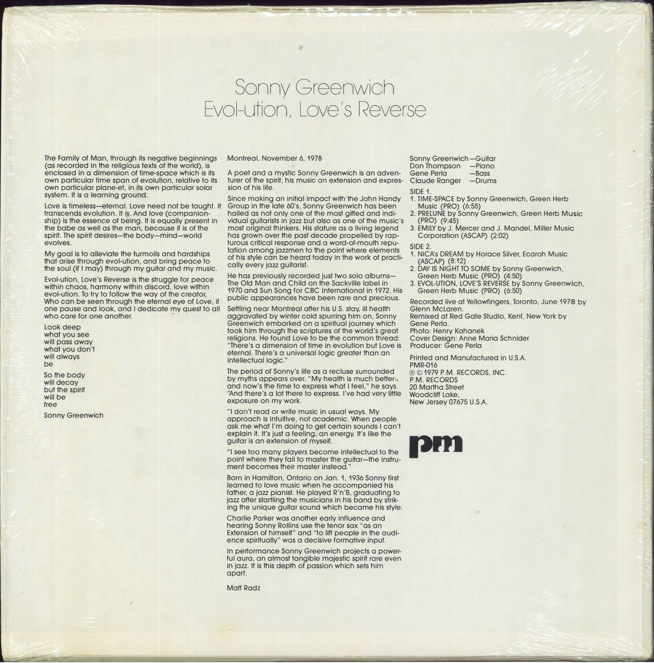 Sonny Greenwich Evol-ution, Love's Reverse US Vinyl LP