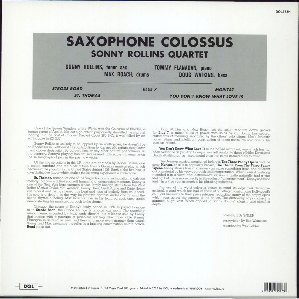 Sonny Rollins Saxophone Colossus - 180gm UK vinyl LP album (LP record) 889397557737