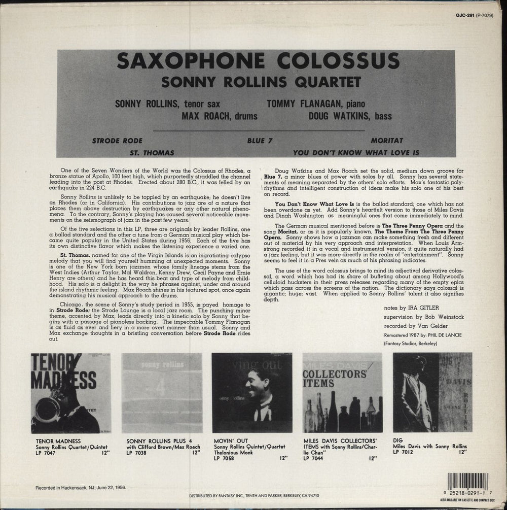 Sonny Rollins Saxophone Colossus US vinyl LP album (LP record)