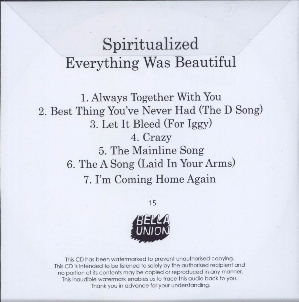 Spiritualized Everything Was Beautiful UK Promo CD-R acetate