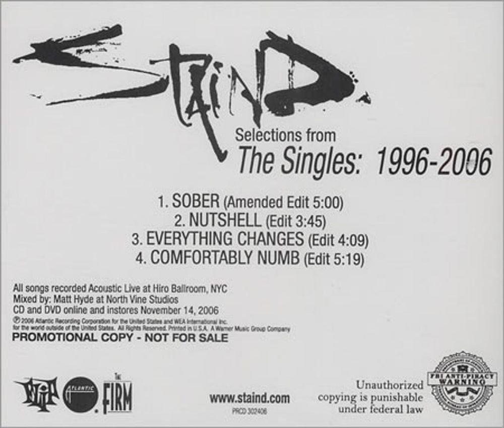 Staind Selections from The Singles 1996-2006 US Promo CD single (CD5 / 5") PRCD302406