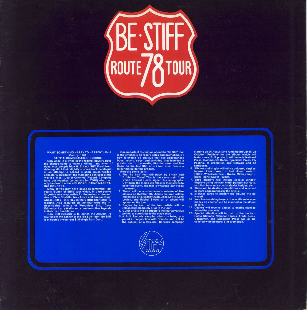 Stiff Records Be Stiff Tour Sampler UK Promo vinyl LP album (LP record) DEAL1