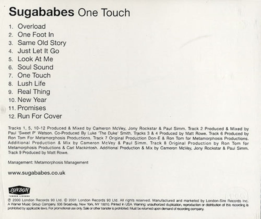 Sugababes One Touch US Promo CD album (CDLP) 31163-2A