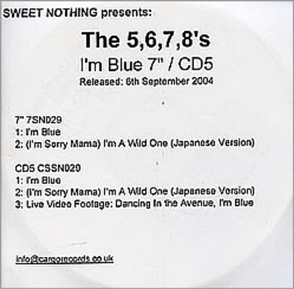 The 5.6.7.8's I'm Blue UK Promo CD-R acetate CD-R ACETATE