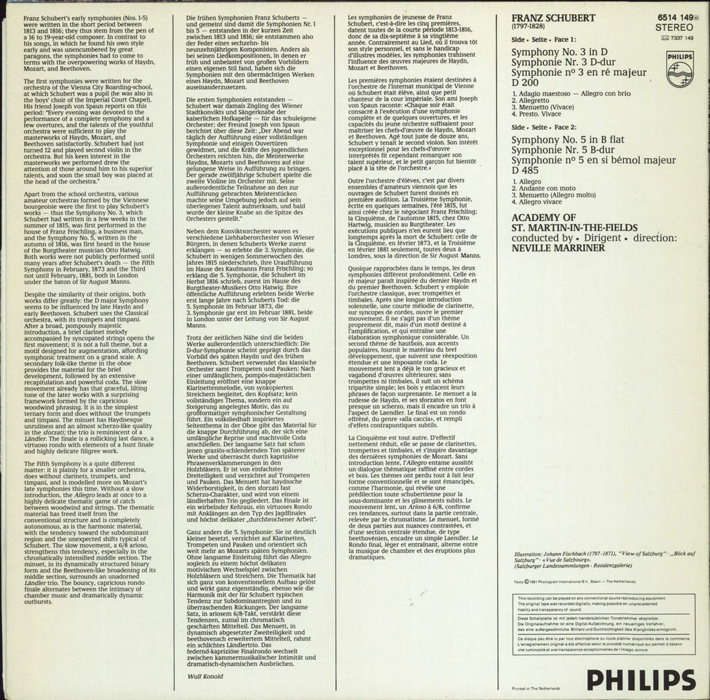 The Academy Of St. Martin-In-The-Fields Schubert: Symphonies Nos. 3 & 5 Dutch vinyl LP album (LP record)