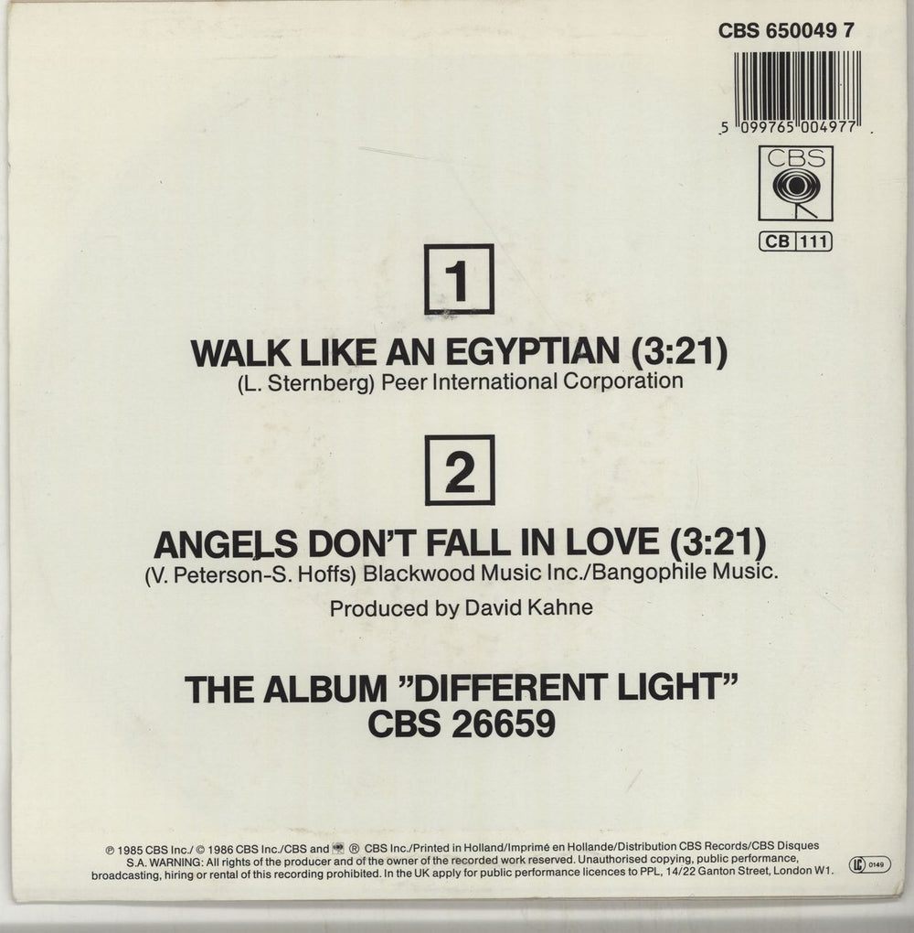 The Bangles Walk Like An Egyptian Dutch 7" vinyl single (7 inch record / 45) BGL07WA146880