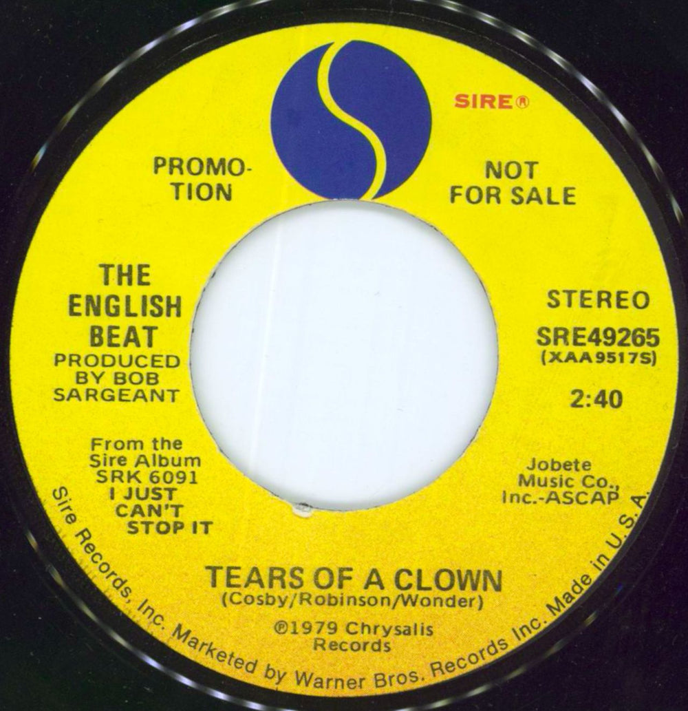 The Beat Tears Of A Clown US Promo 7" vinyl single (7 inch record / 45) SRE49265