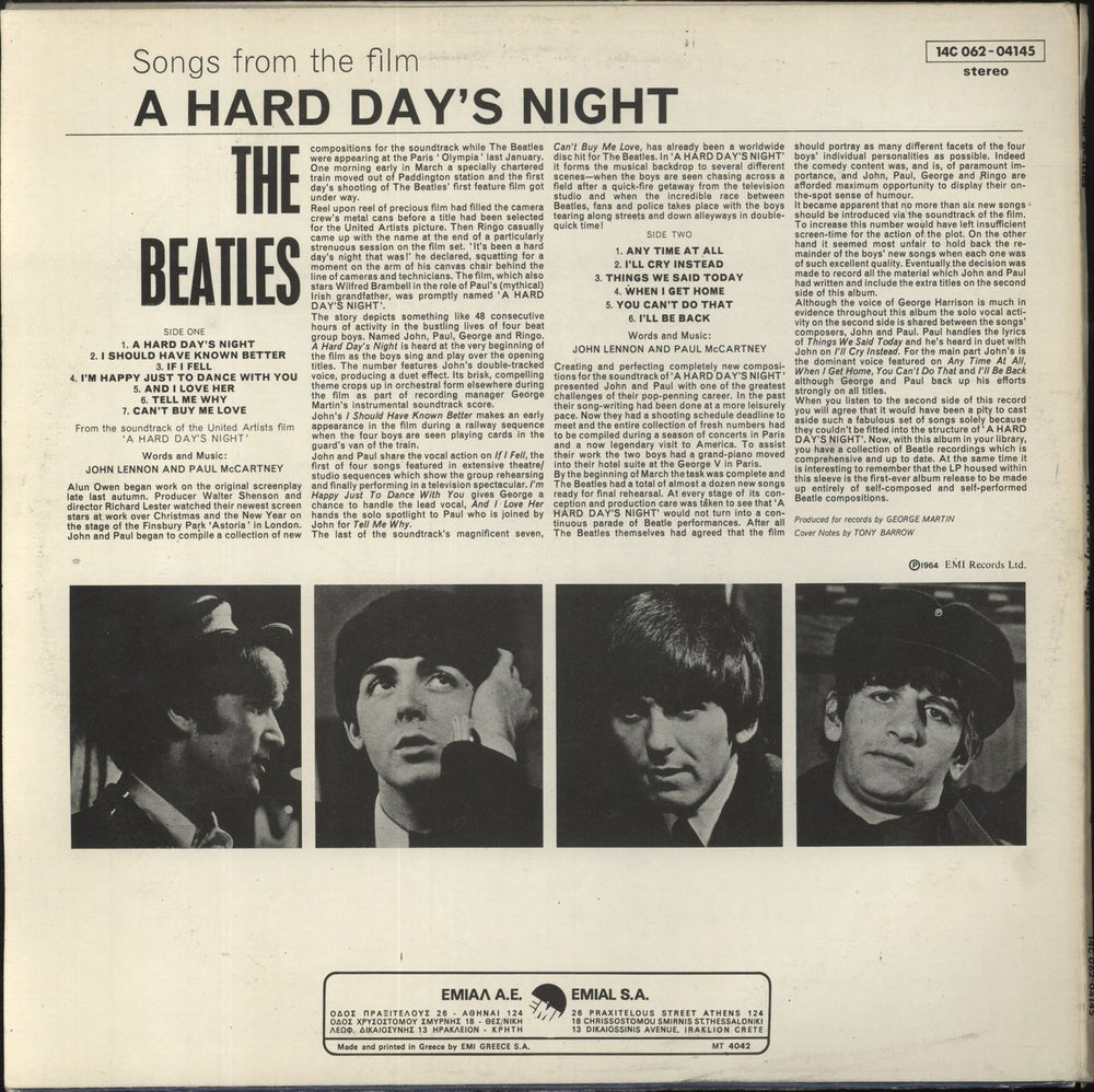 The Beatles A Hard Day's Night Greek vinyl LP album (LP record)