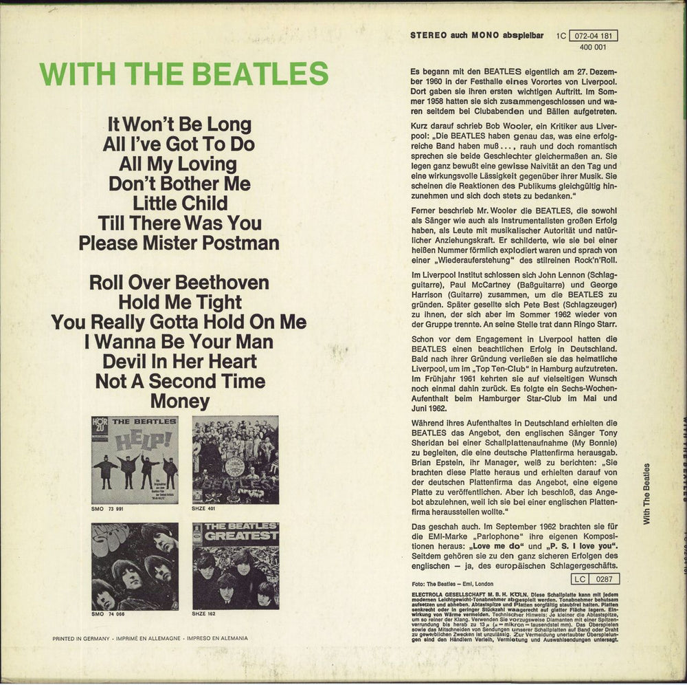 The Beatles With The Beatles - glossy p/s German vinyl LP album (LP record)