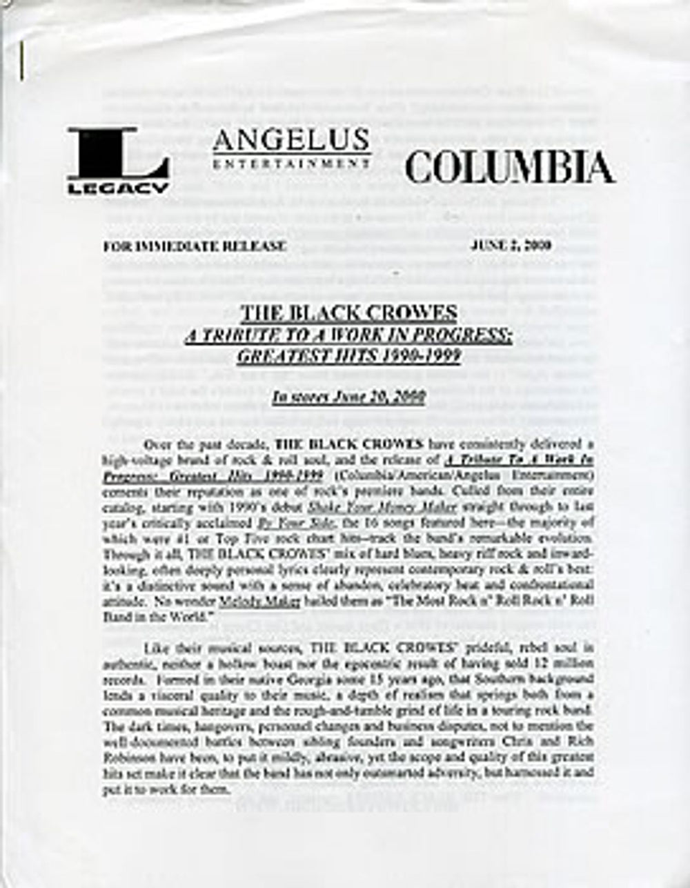 The Black Crowes A Tribute To A Work In Progress - Greatest Hits 1990-1999 US Promo media press pack CRWPPAT160214