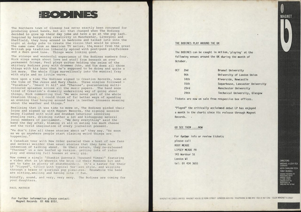 The Bodines Played + Publicity Photo & Press Release - EX UK vinyl LP album (LP record) 1987