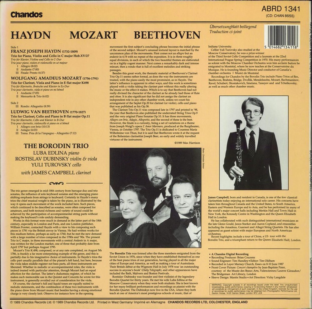 The Borodin Trio Haydn: Piano Trio in C / Mozart: Clarinet Trio in E Flat / Beethoven: Clarinet Trio in B Flat UK vinyl LP album (LP record) 5014682134118