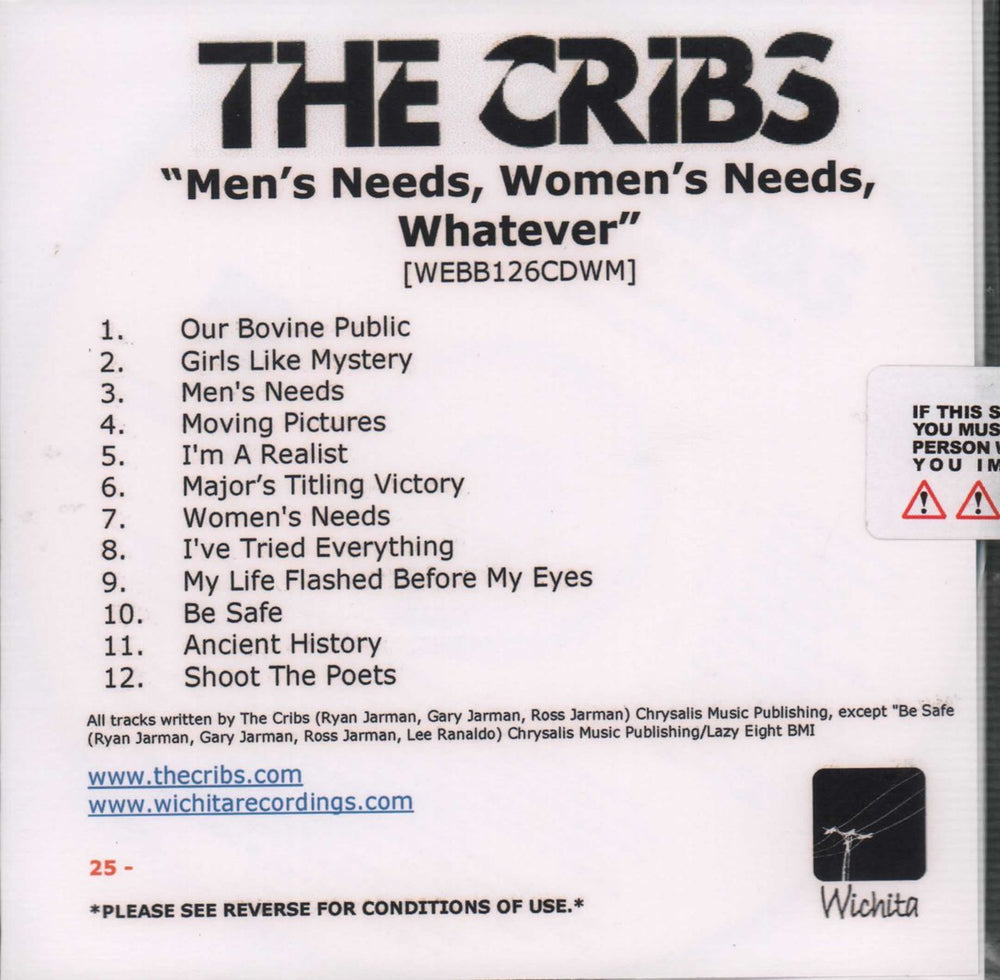 The Cribs Men's Needs, Women's Needs, Whatever UK Promo CD-R acetate WEBB126CDWM