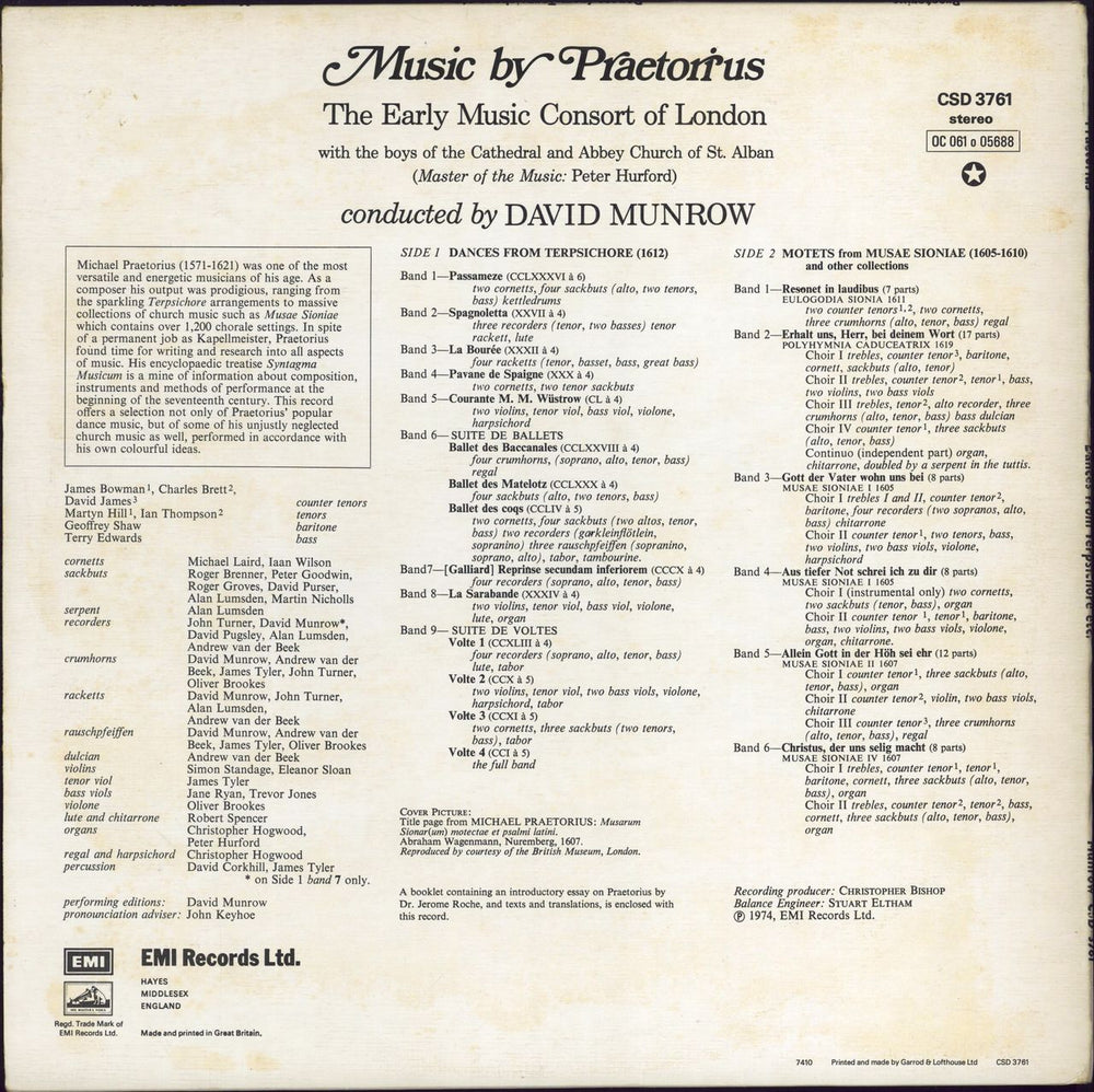 The Early Music Consort Of London Music By Praetorius: Dances From Terpsichore / Motets From Musae Sioniae UK vinyl LP album (LP record)