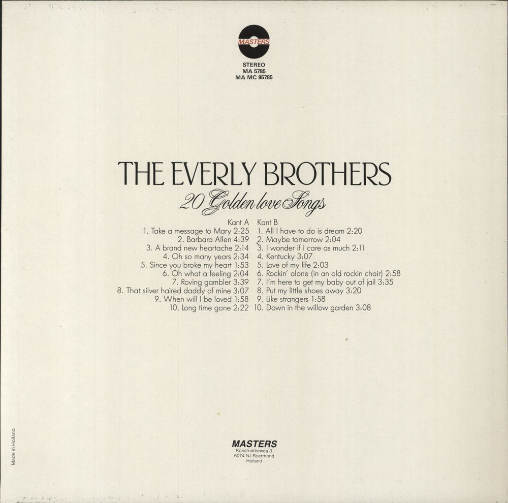 The Everly Brothers 20 Golden Love Songs Dutch vinyl LP album (LP record)