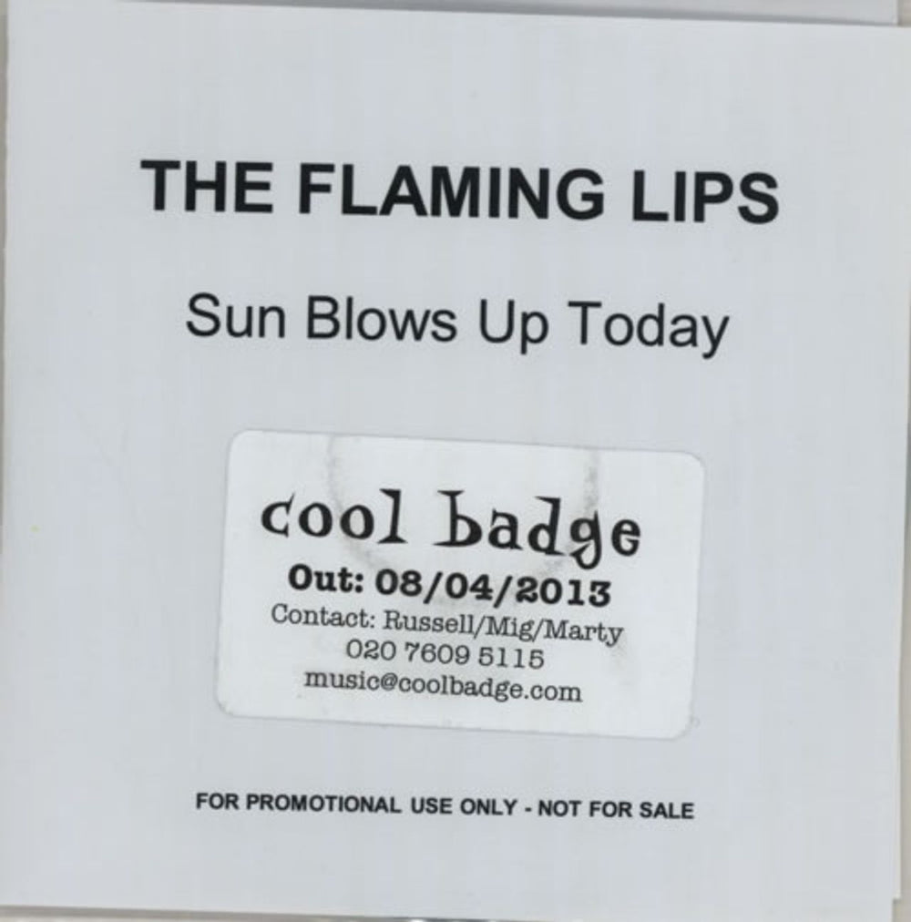 The Flaming Lips Sun Blows Up Today UK Promo CD-R acetate PROMO