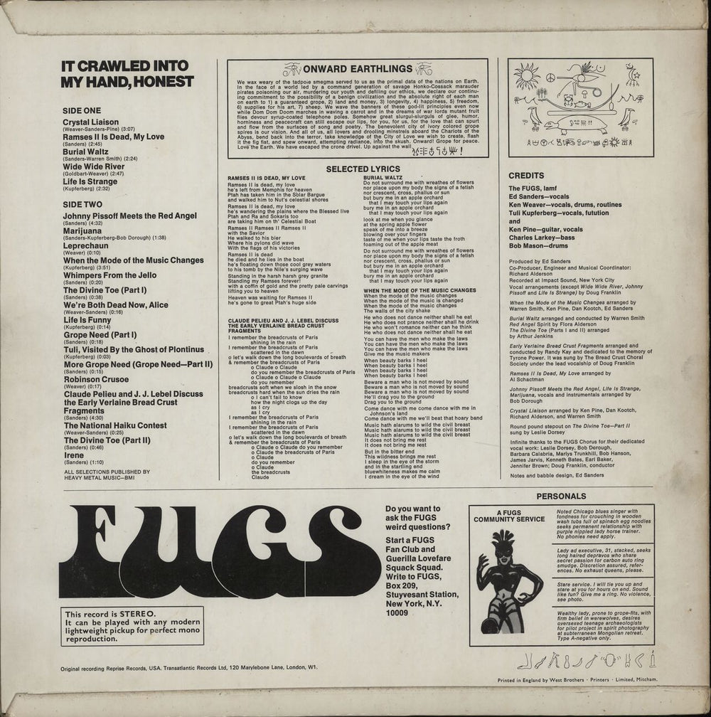 The Fugs It Crawled Into My Hand, Honest - VG UK vinyl LP album (LP record)