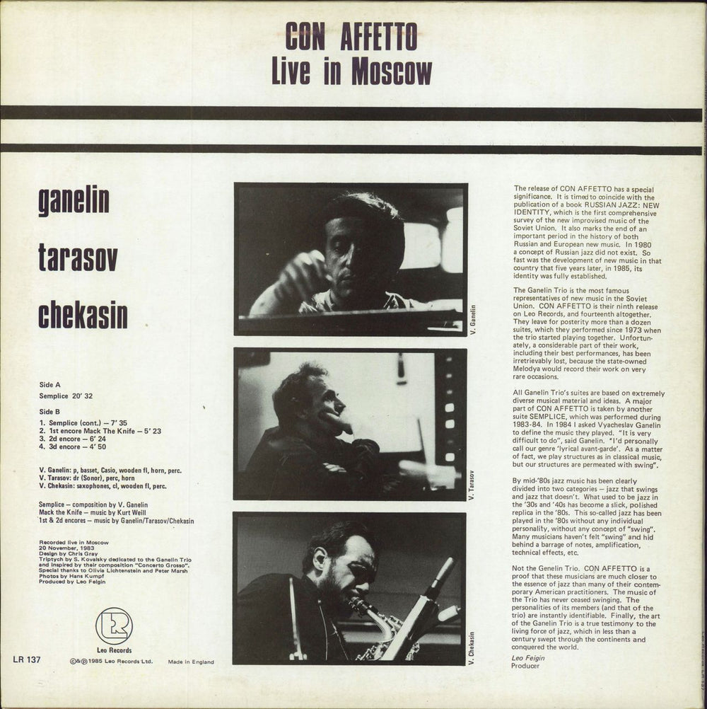 The Ganelin Trio Con Affetto UK vinyl LP album (LP record)