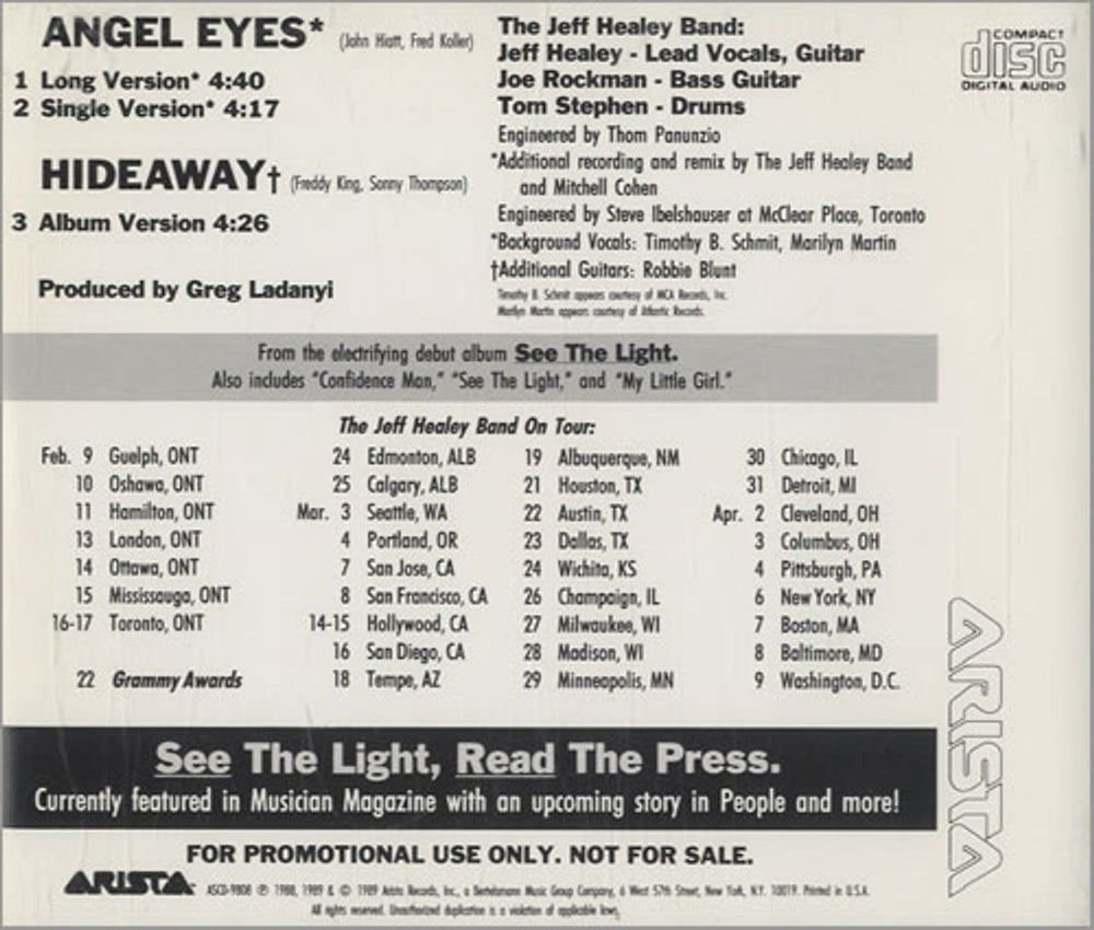 The Jeff Healey Band Angel Eyes US Promo CD single (CD5 / 5") JHBC5AN412244