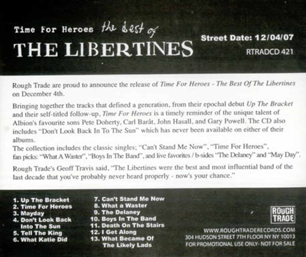 The Libertines Time For Heroes: The Best Of US Promo CD album (CDLP) RTRADCD421