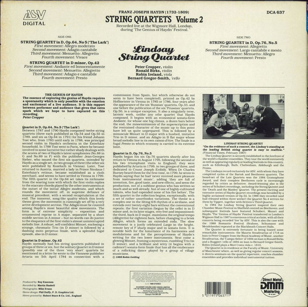 The Lindsay String Quartet Haydn String Quartets Live At The Wigmore Hall UK 3-LP vinyl record set (Triple LP Album) 1989