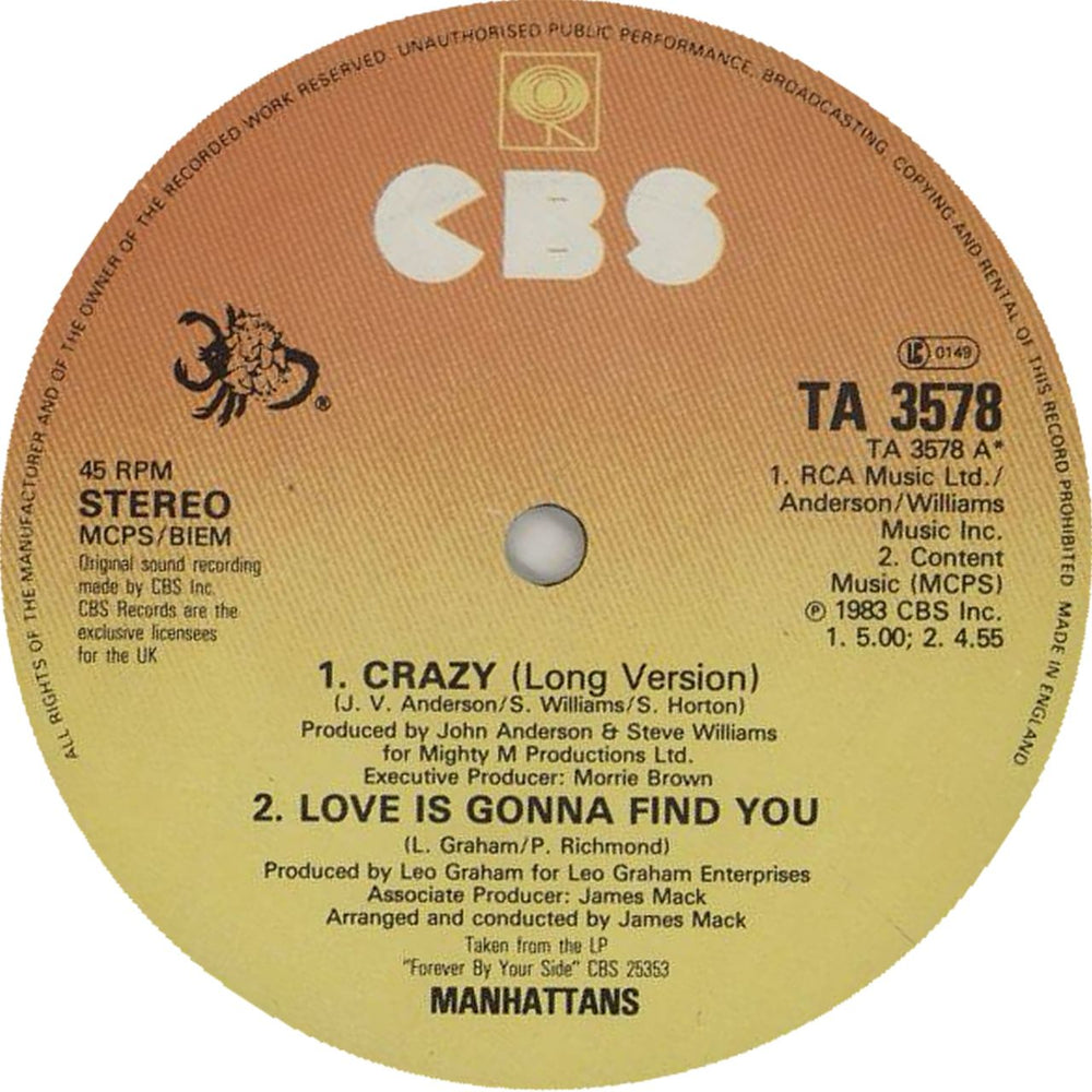 The Manhattans Crazy (Long Version) UK 12" vinyl single (12 inch record / Maxi-single) TA3578