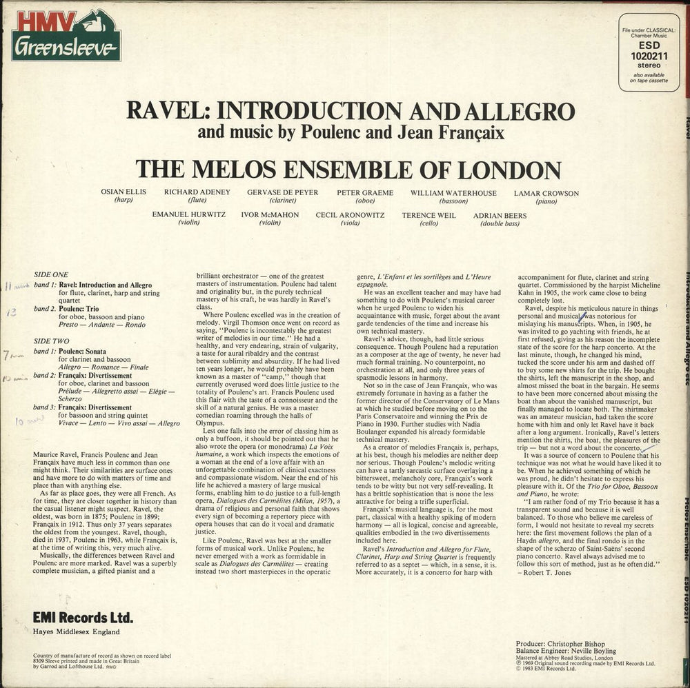 The Melos Ensemble Ravel: Introduction & Allegro / Poulenc: Trio & Sonata / Françaix: Divertissments UK vinyl LP album (LP record)