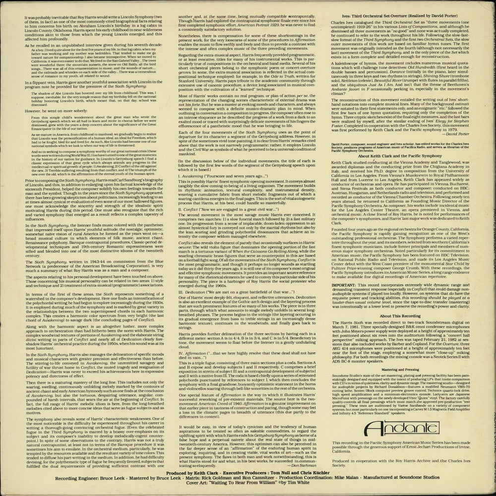 The Pacific Symphony Orchestra Harris: Symphony No. 6 "Gettysburg" / Ives: Overture From the Third Orchestral Set US vinyl LP album (LP record)
