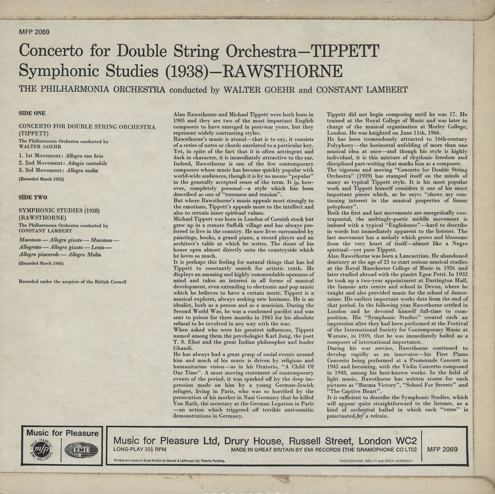The Philharmonia Orchestra Tippett: Concerto For Double String Orchestra / Rawsthorne: Symphonic Studies UK vinyl LP album (LP record)