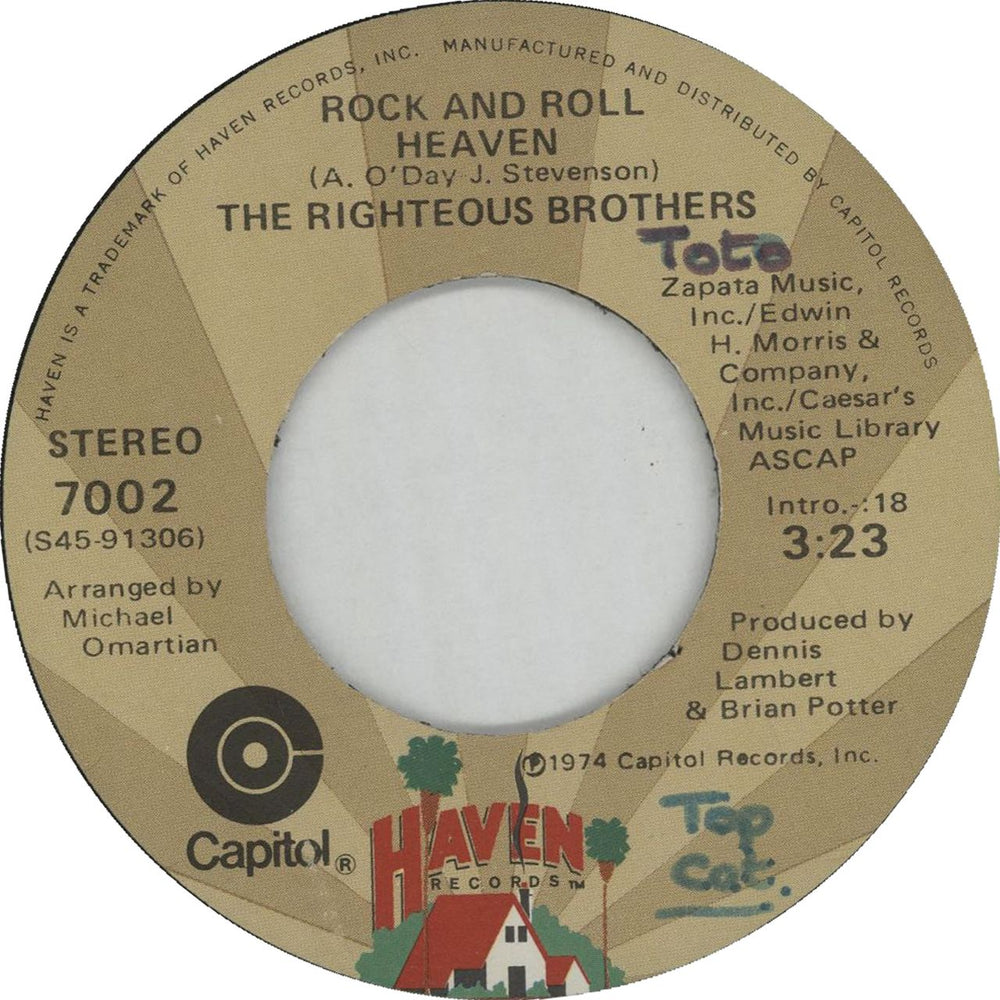 The Righteous Brothers Rock And Roll Heaven US 7" vinyl single (7 inch record / 45) 7002