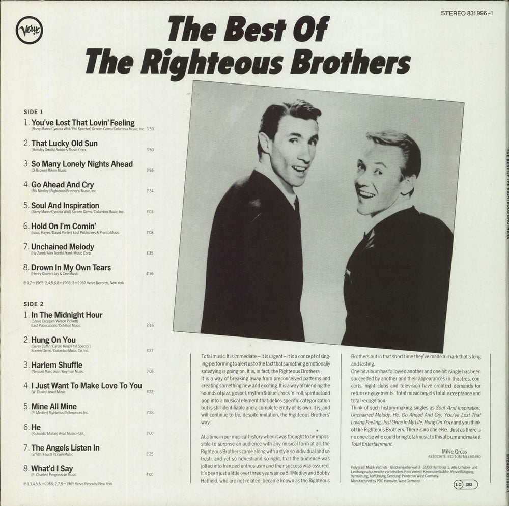 The Righteous Brothers The Best Of The Righteous Brothers German vinyl LP album (LP record)