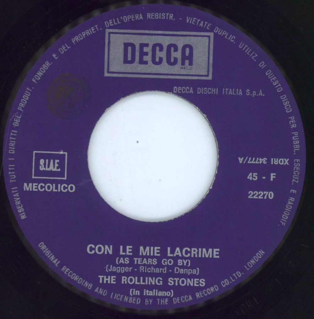 The Rolling Stones Con Le Mie Lacrime (As Tears Go By) - 2nd Italian 7" vinyl single (7 inch record / 45) ROL07CO632772