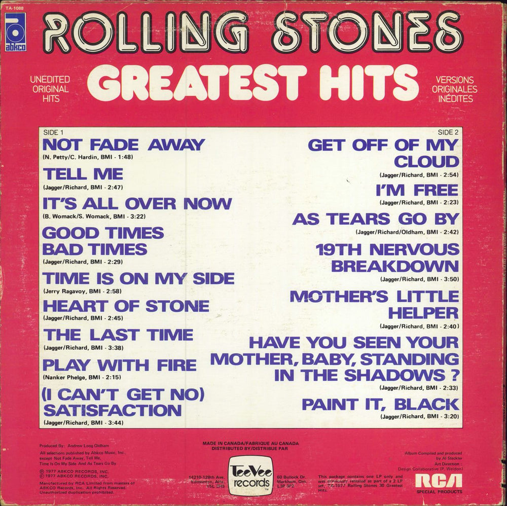 The Rolling Stones Greatest Hits Volume 1 Canadian vinyl LP album (LP record)