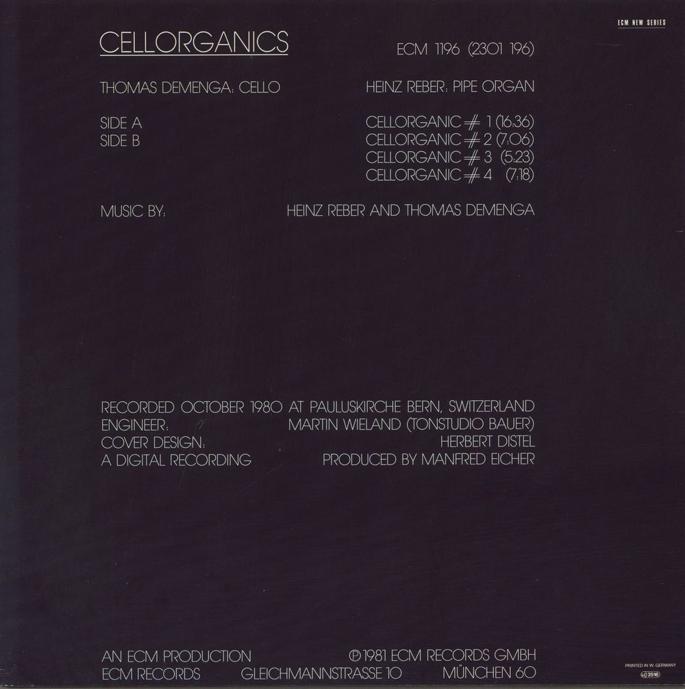 Thomas Demenga Cellorganics German vinyl LP album (LP record)