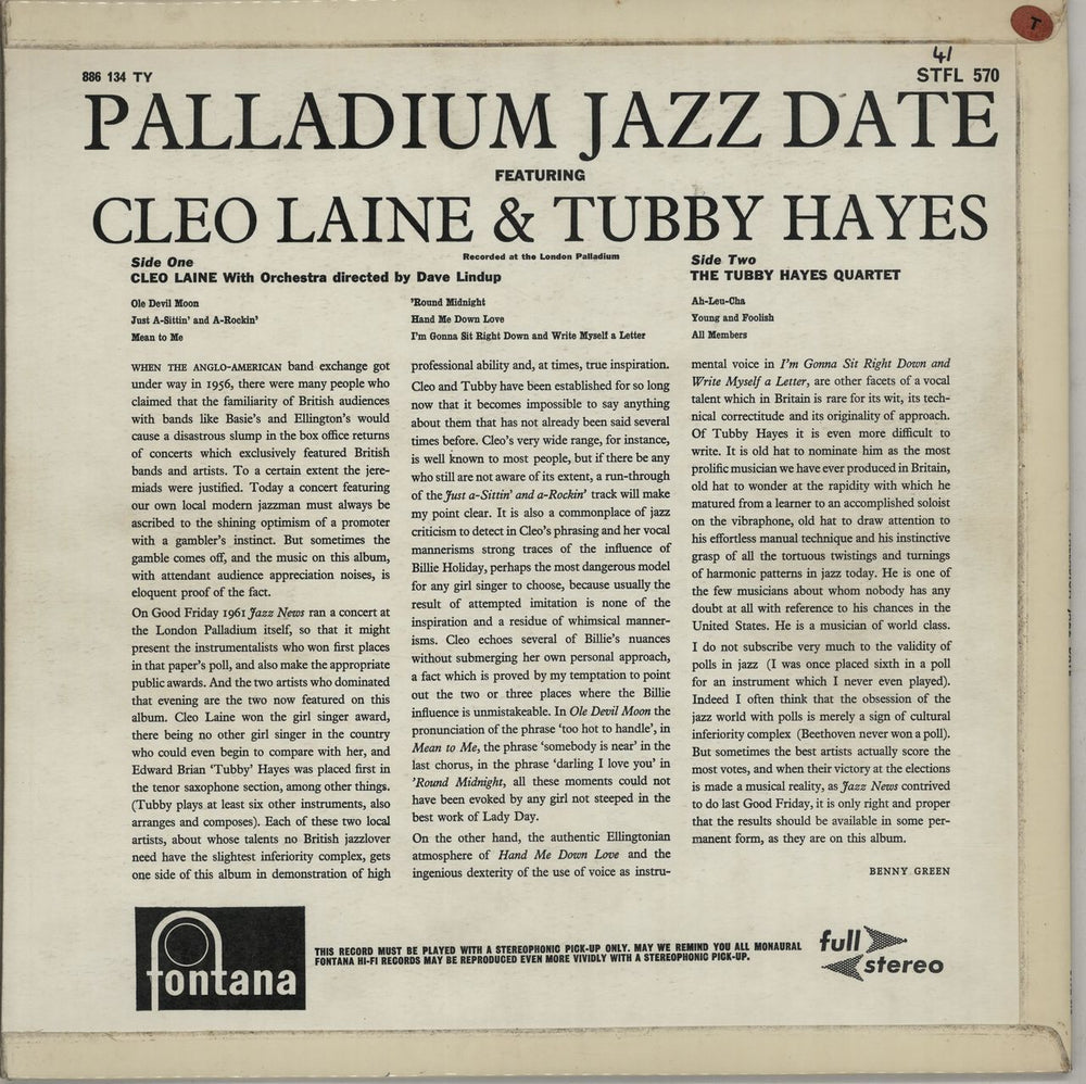 Tubby Hayes Palladium Jazz Date UK Vinyl LP RareVinyl