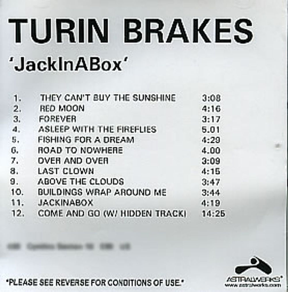 Turin Brakes JackInABox US Promo CD-R acetate CDR ACETATE