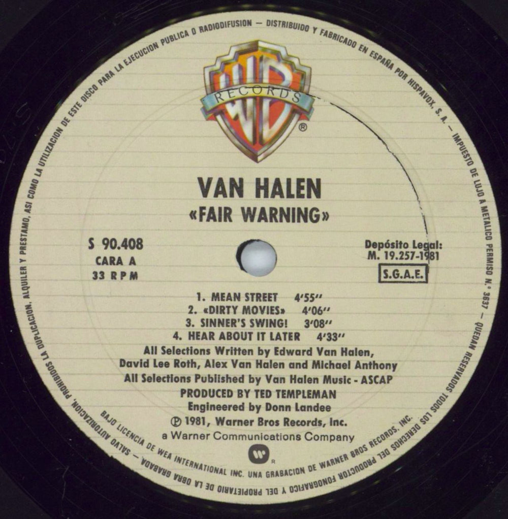 Van Halen Fair Warning Spanish vinyl LP album (LP record) VNHLPFA812642