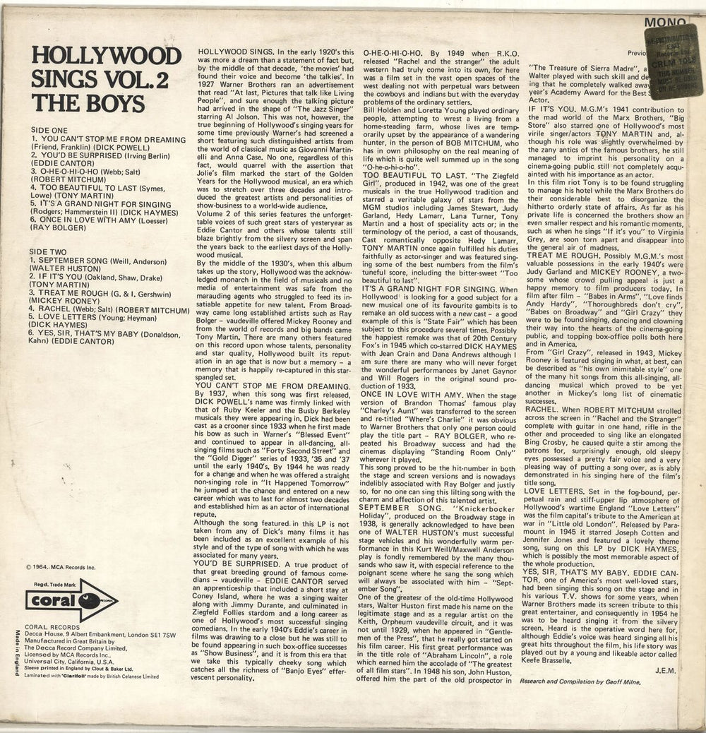 Various-40s/Big Band & Swing Hollywood Sings Vol. 2 (The Boys) UK vinyl LP album (LP record)