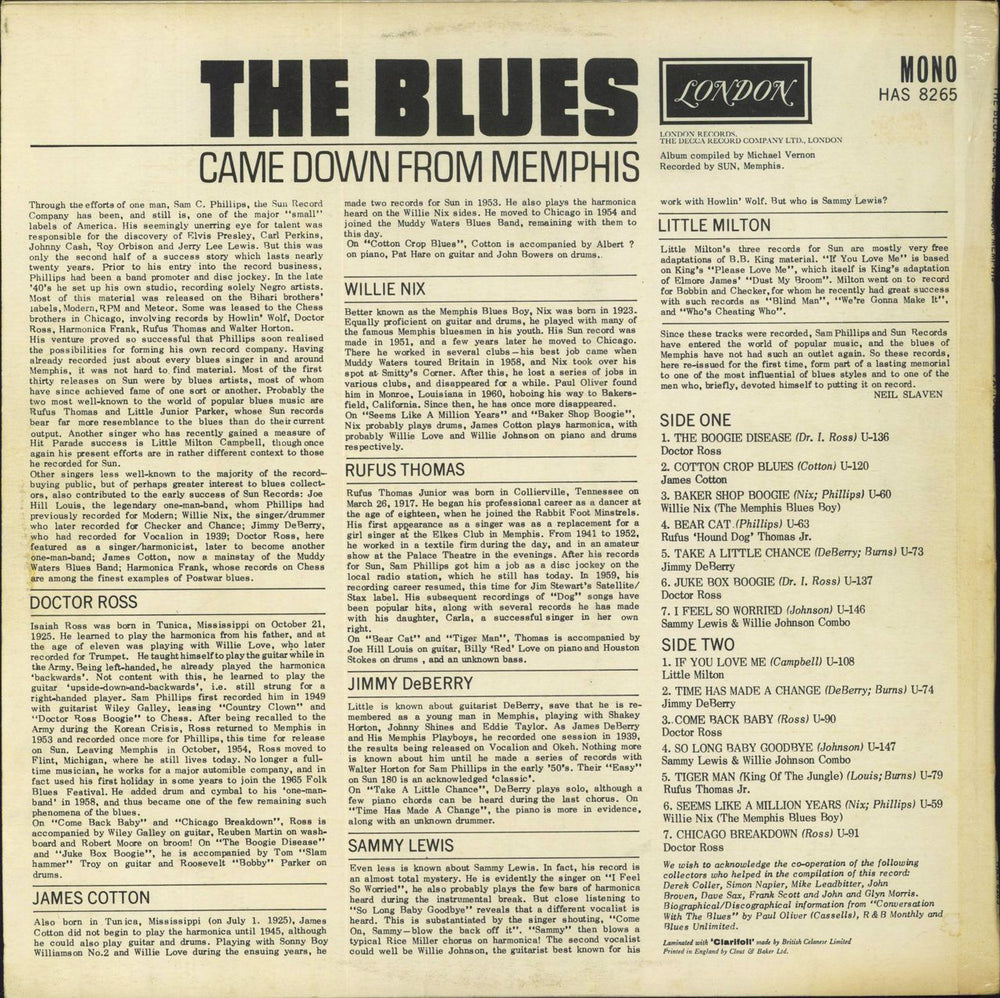 Various-Blues & Gospel The Blues Came Down From Memphis - VG UK vinyl LP album (LP record)