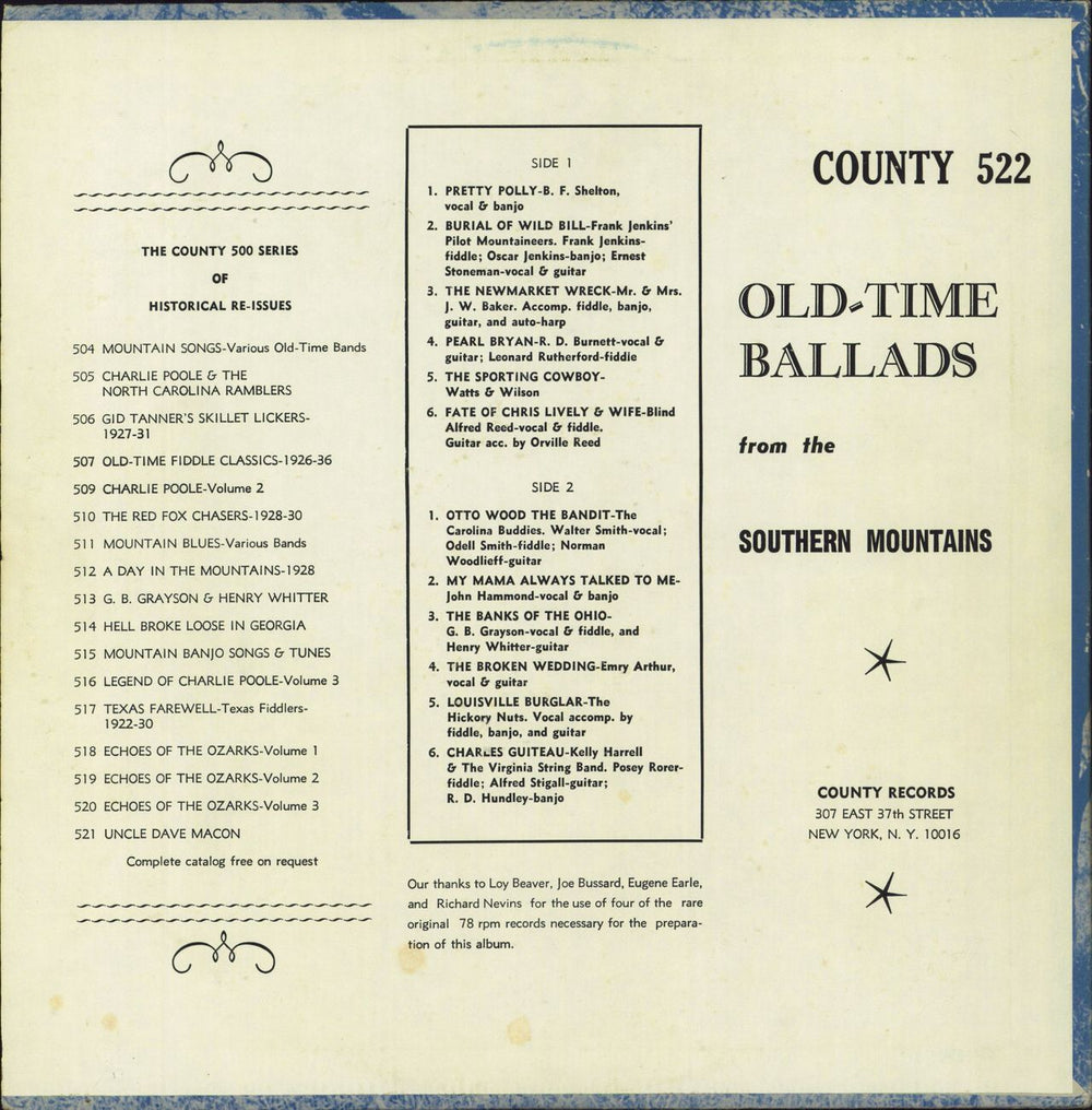 Various-Country Old Time Ballads From The Southern Mountains US vinyl LP album (LP record)