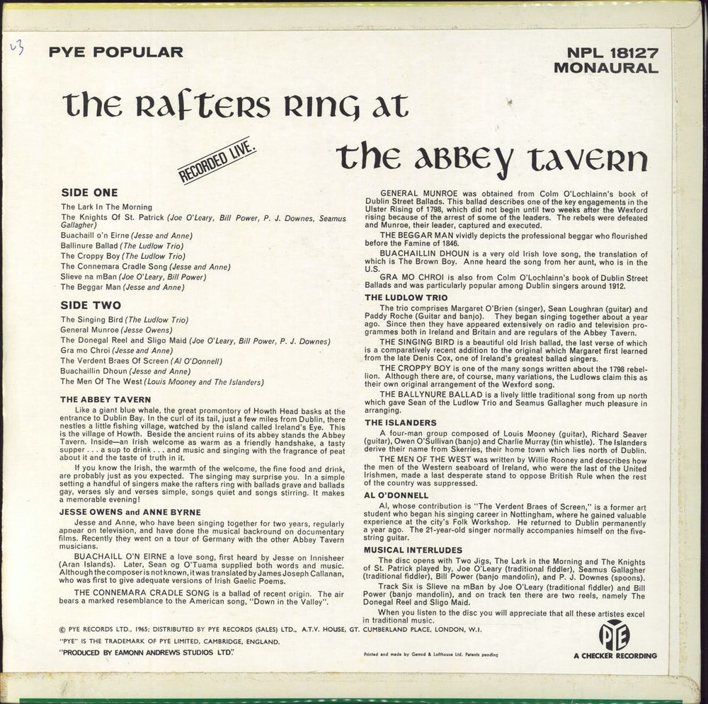 Various-Folk The Rafters Ring At The Abbey Tavern UK vinyl LP album (LP record)